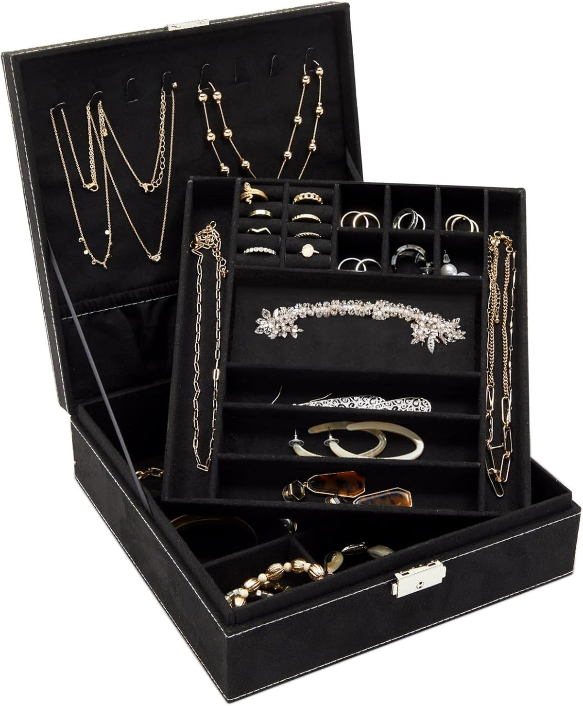 Velvet Jewelry Box Organizer - 10.5 x 10.5 x 3.5 in, Green - Lockable 2-Tier Travel Jewelry Case & Earring Storage - Removable Tray & Built-In Necklace Organizer