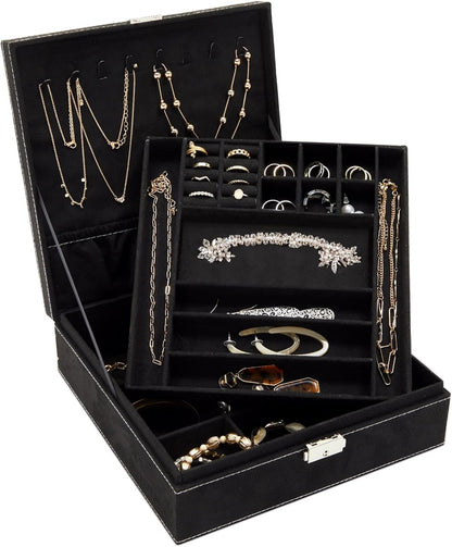 Velvet Jewelry Box Organizer - 10.5 x 10.5 x 3.5 in, Green - Lockable 2-Tier Travel Jewelry Case & Earring Storage - Removable Tray & Built-In Necklace Organizer