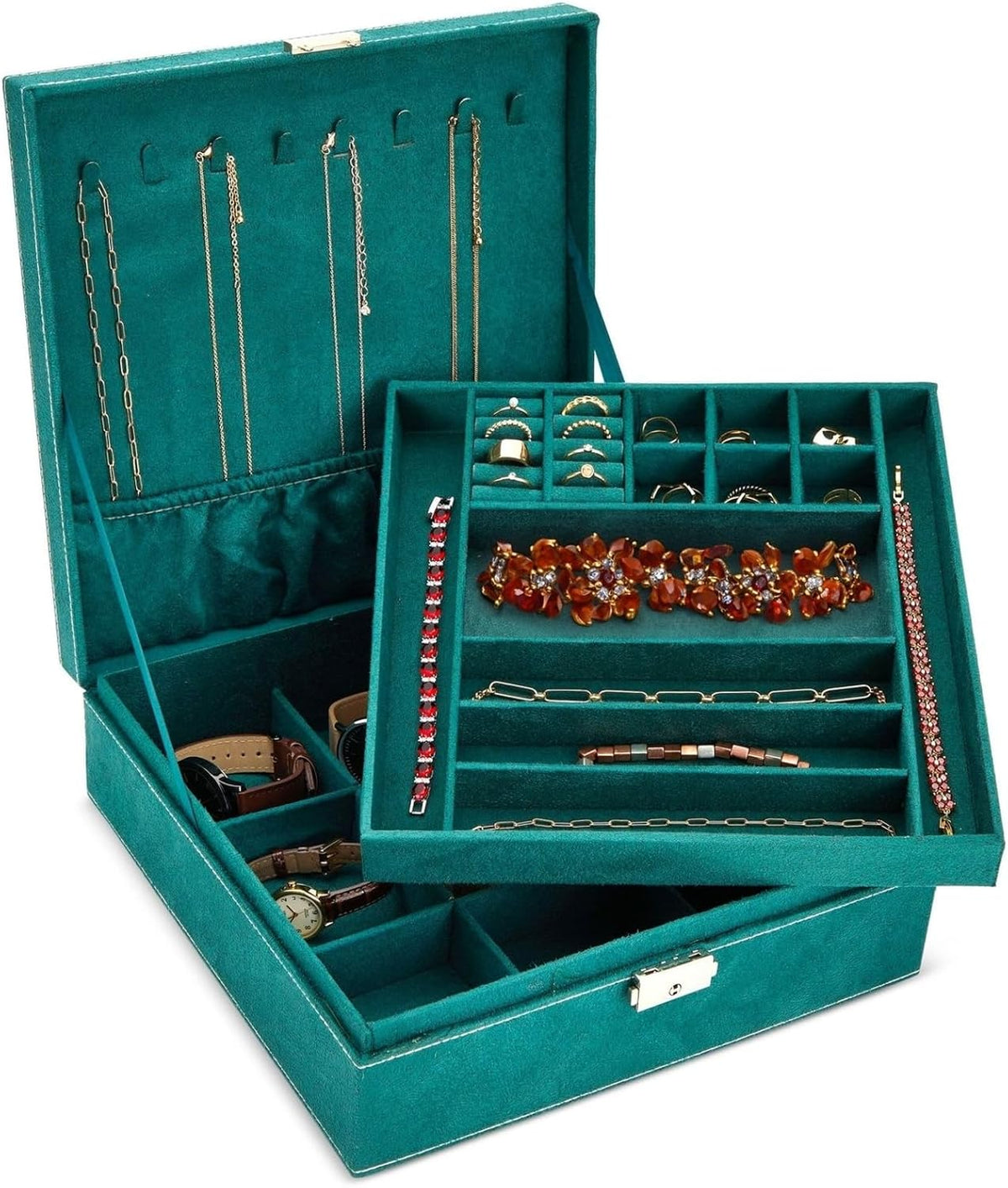 Velvet Jewelry Box Organizer - 10.5 x 10.5 x 3.5 in, Green - Lockable 2-Tier Travel Jewelry Case & Earring Storage - Removable Tray & Built-In Necklace Organizer
