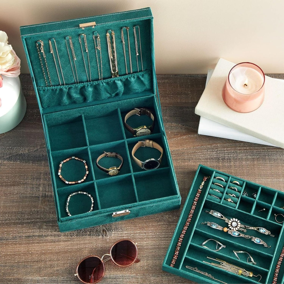 Velvet Jewelry Box Organizer - 10.5 x 10.5 x 3.5 in, Green - Lockable 2-Tier Travel Jewelry Case & Earring Storage - Removable Tray & Built-In Necklace Organizer
