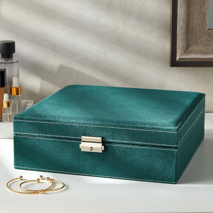 Velvet Jewelry Box Organizer - 10.5 x 10.5 x 3.5 in, Green - Lockable 2-Tier Travel Jewelry Case & Earring Storage - Removable Tray & Built-In Necklace Organizer