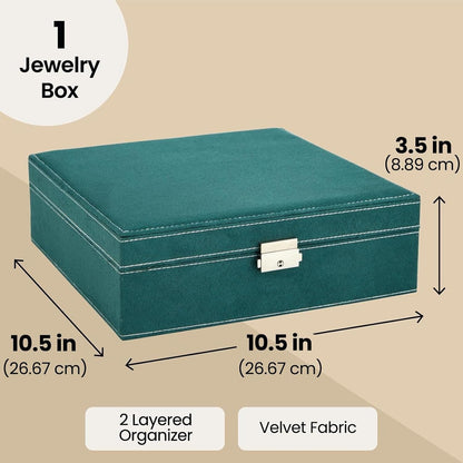Velvet Jewelry Box Organizer - 10.5 x 10.5 x 3.5 in, Green - Lockable 2-Tier Travel Jewelry Case & Earring Storage - Removable Tray & Built-In Necklace Organizer