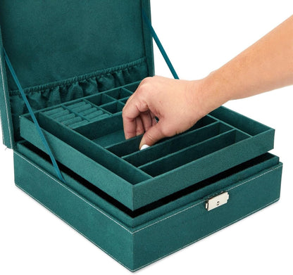 Velvet Jewelry Box Organizer - 10.5 x 10.5 x 3.5 in, Green - Lockable 2-Tier Travel Jewelry Case & Earring Storage - Removable Tray & Built-In Necklace Organizer