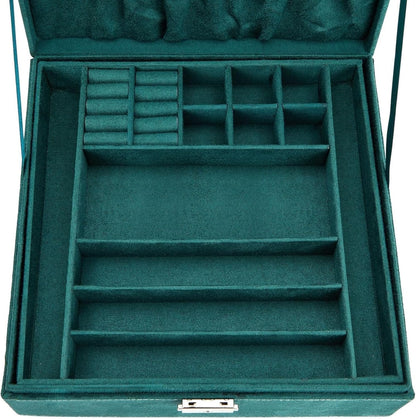 Velvet Jewelry Box Organizer - 10.5 x 10.5 x 3.5 in, Green - Lockable 2-Tier Travel Jewelry Case & Earring Storage - Removable Tray & Built-In Necklace Organizer
