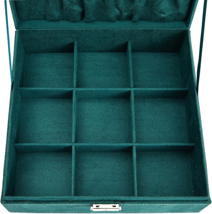 Velvet Jewelry Box Organizer - 10.5 x 10.5 x 3.5 in, Green - Lockable 2-Tier Travel Jewelry Case & Earring Storage - Removable Tray & Built-In Necklace Organizer