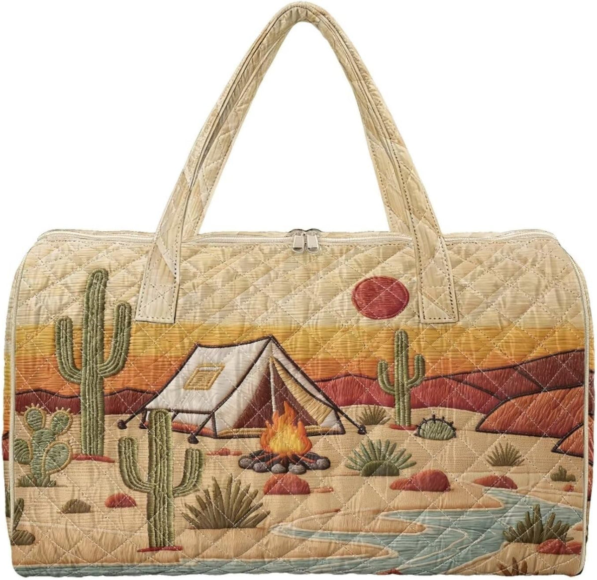 Cactus Quilted Gym Bag For Women, Quilt Large Tote Bag Holds Travel Essentials Clothes Makeup, Padded Top Handles, Lightweight Open Top with Inner Pockets to Store Cosmetics & Small Essentials