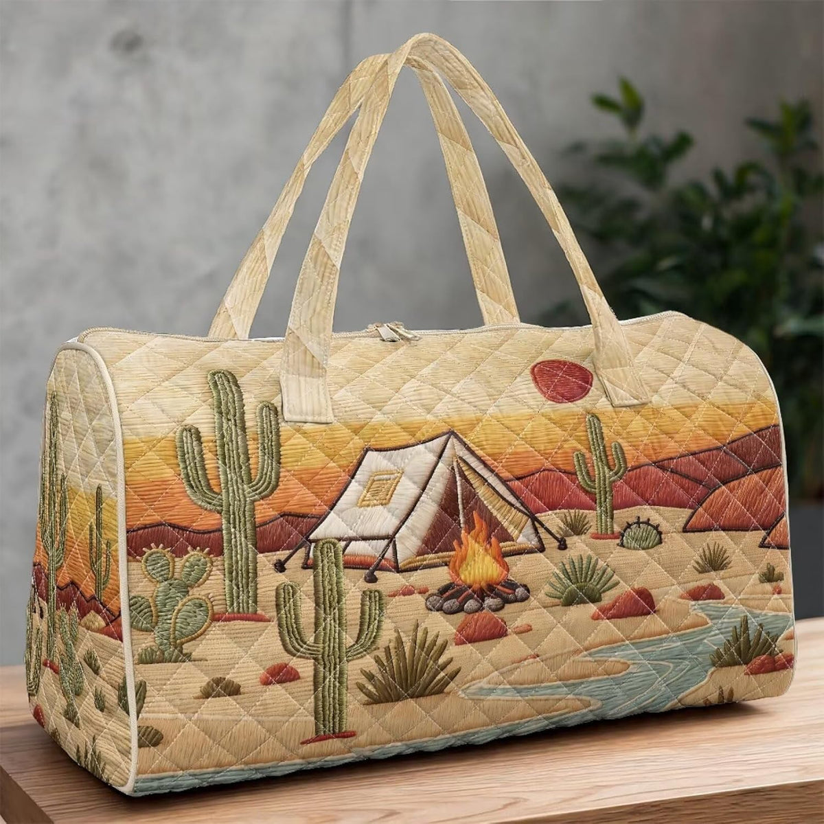 Cactus Quilted Gym Bag For Women, Quilt Large Tote Bag Holds Travel Essentials Clothes Makeup, Padded Top Handles, Lightweight Open Top with Inner Pockets to Store Cosmetics & Small Essentials