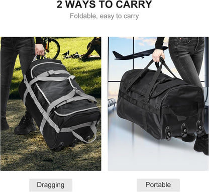 Foldable Duffel Bag with 3 Wheels.85L Rolling Duffle Bag Luggage Suitcase Outdoor Sports Carry On Garment Bags for Travel Camp (Grey)