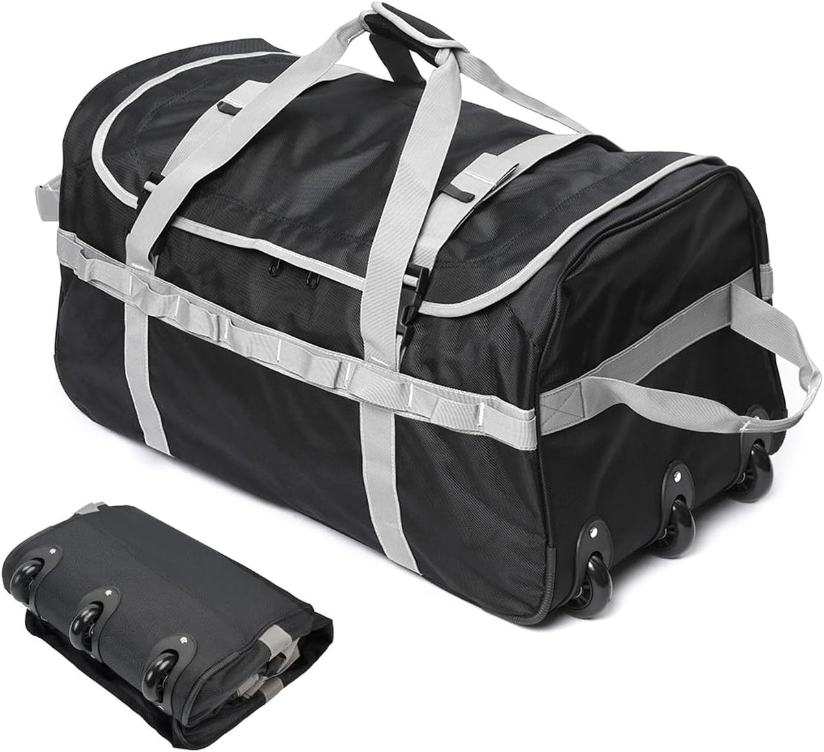 Foldable Duffel Bag with 3 Wheels.85L Rolling Duffle Bag Luggage Suitcase Outdoor Sports Carry On Garment Bags for Travel Camp (Grey)