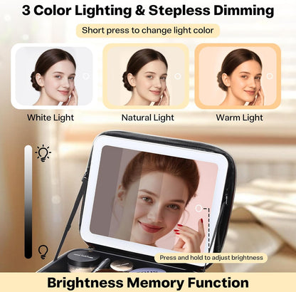 Travel Makeup Bag with LED Mirror, Large 12 Inch Cosmetic Train Case with Jewelry Organizer, 10X Magnifying Mirror, Adjustable Dividers for Cosmetics Makeup Brushes Toiletry, Includes 6 Velvet Pouches
