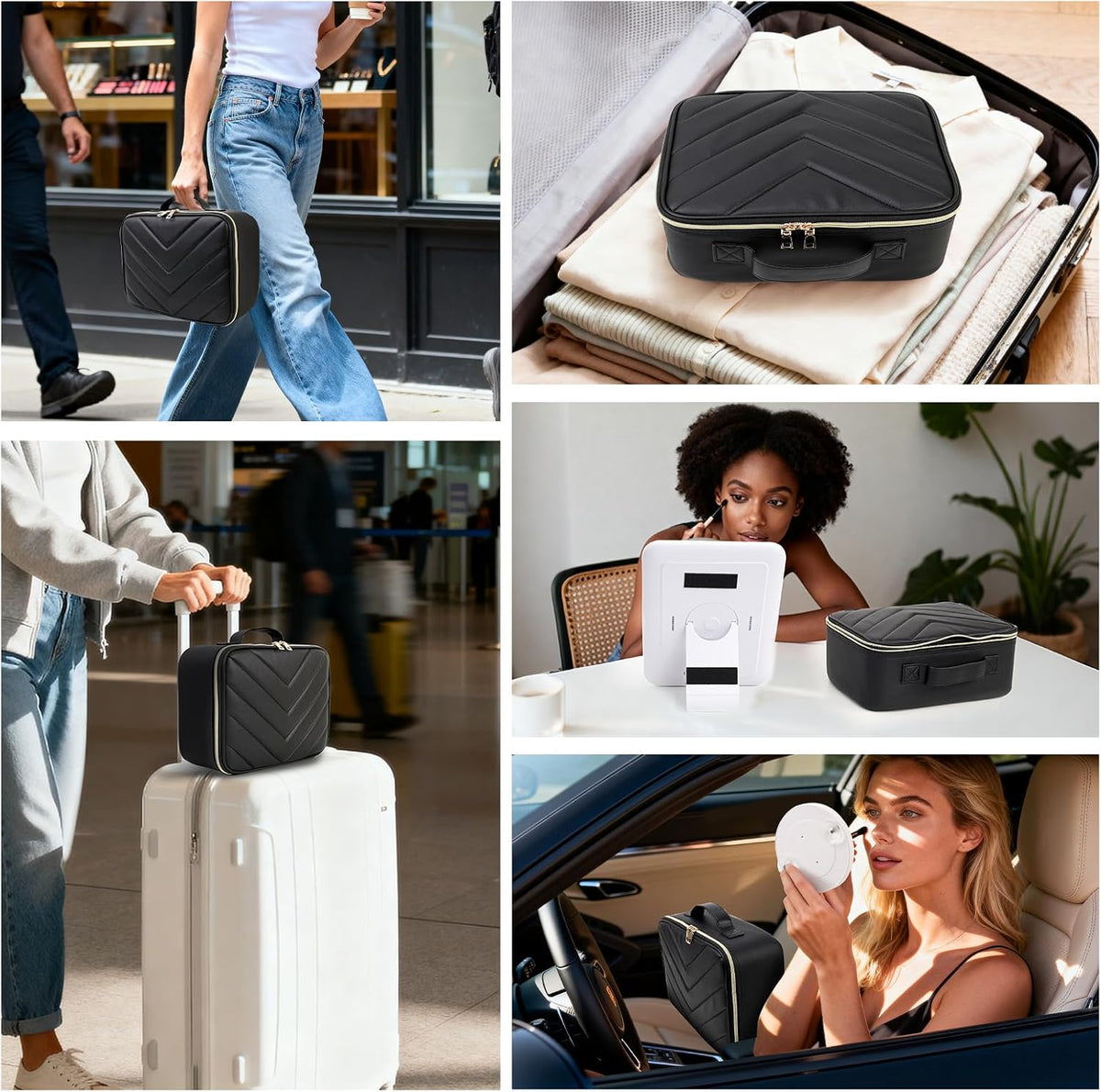 Travel Makeup Bag with LED Mirror, Large 12 Inch Cosmetic Train Case with Jewelry Organizer, 10X Magnifying Mirror, Adjustable Dividers for Cosmetics Makeup Brushes Toiletry, Includes 6 Velvet Pouches