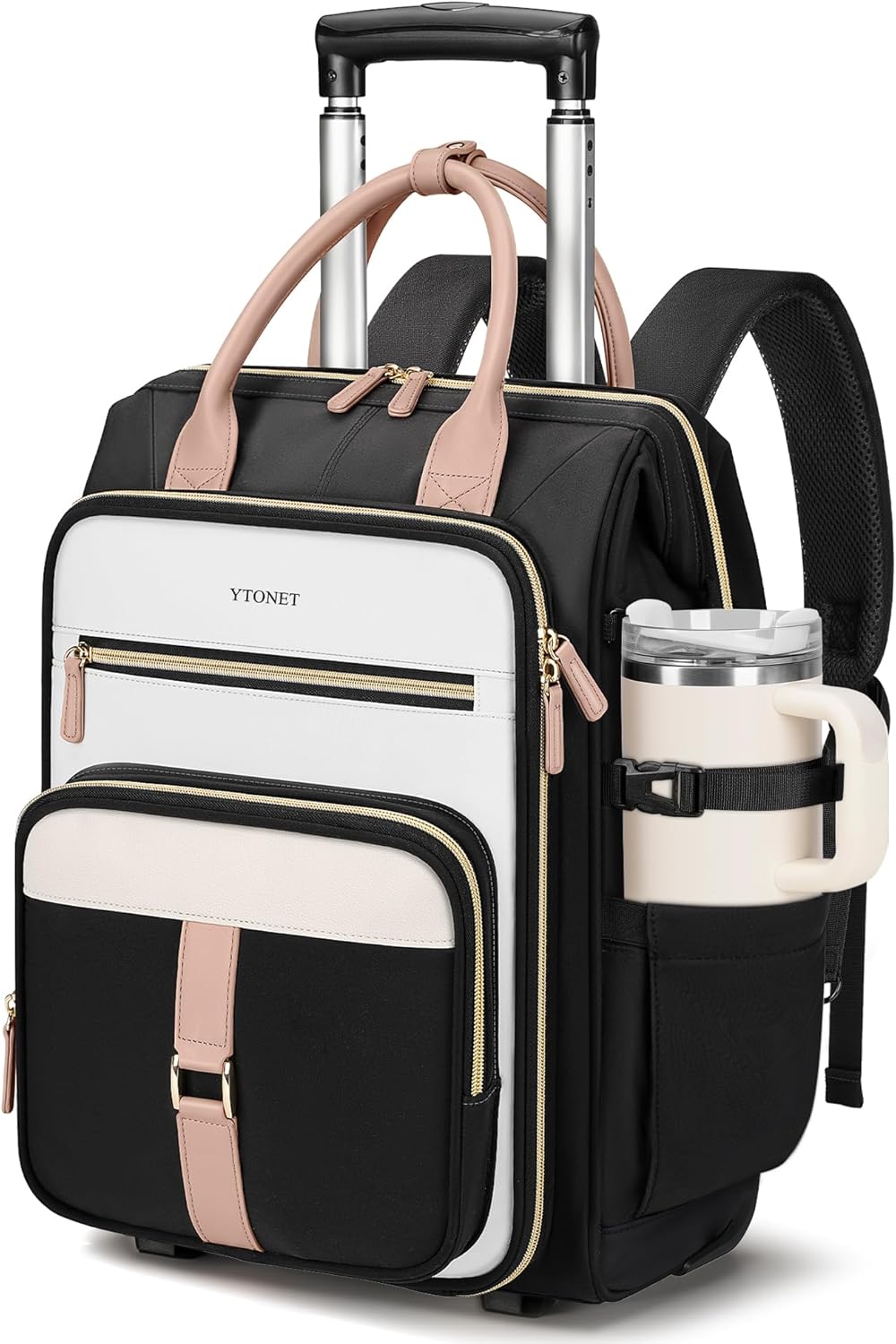 Rolling Backpack for Women, 15.6 Inch Travel Backpack with Wheels, Stylish Rolling Laptop Bag with Passport Holder, Dual-Opening Design, Underseat Carry on Luggage for Work Teacher,Black