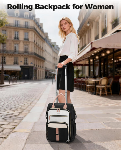 Rolling Backpack for Women, 15.6 Inch Travel Backpack with Wheels, Stylish Rolling Laptop Bag with Passport Holder, Dual-Opening Design, Underseat Carry on Luggage for Work Teacher,Black