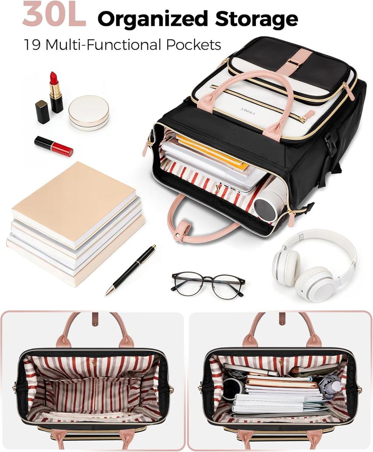 Rolling Backpack for Women, 15.6 Inch Travel Backpack with Wheels, Stylish Rolling Laptop Bag with Passport Holder, Dual-Opening Design, Underseat Carry on Luggage for Work Teacher,Black