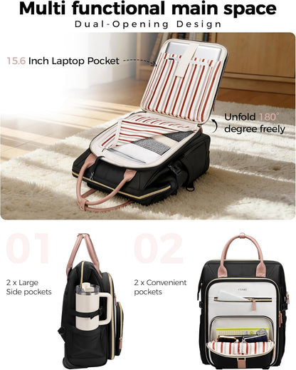Rolling Backpack for Women, 15.6 Inch Travel Backpack with Wheels, Stylish Rolling Laptop Bag with Passport Holder, Dual-Opening Design, Underseat Carry on Luggage for Work Teacher,Black