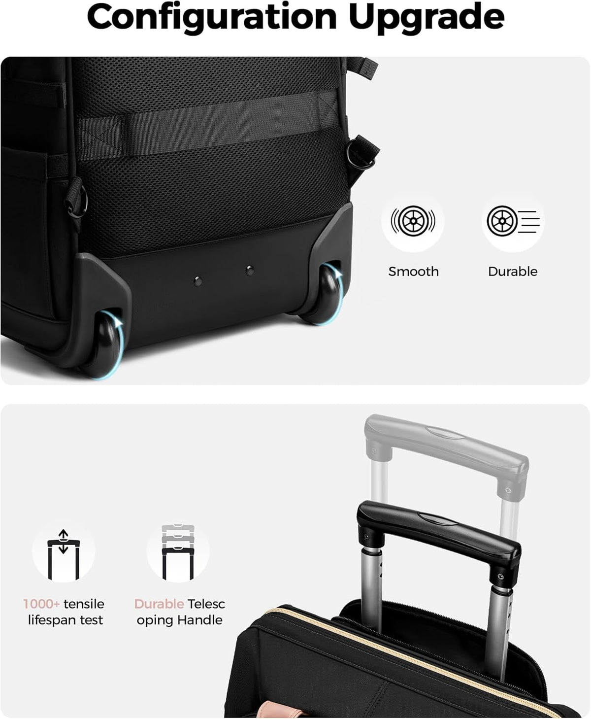 Rolling Backpack for Women, 15.6 Inch Travel Backpack with Wheels, Stylish Rolling Laptop Bag with Passport Holder, Dual-Opening Design, Underseat Carry on Luggage for Work Teacher,Black