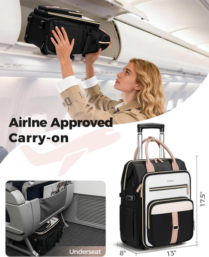 Rolling Backpack for Women, 15.6 Inch Travel Backpack with Wheels, Stylish Rolling Laptop Bag with Passport Holder, Dual-Opening Design, Underseat Carry on Luggage for Work Teacher,Black