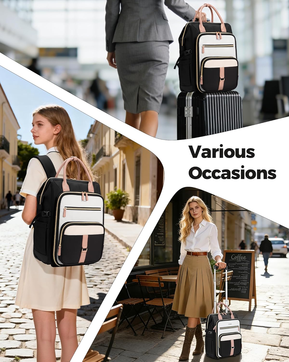 Rolling Backpack for Women, 15.6 Inch Travel Backpack with Wheels, Stylish Rolling Laptop Bag with Passport Holder, Dual-Opening Design, Underseat Carry on Luggage for Work Teacher,Black