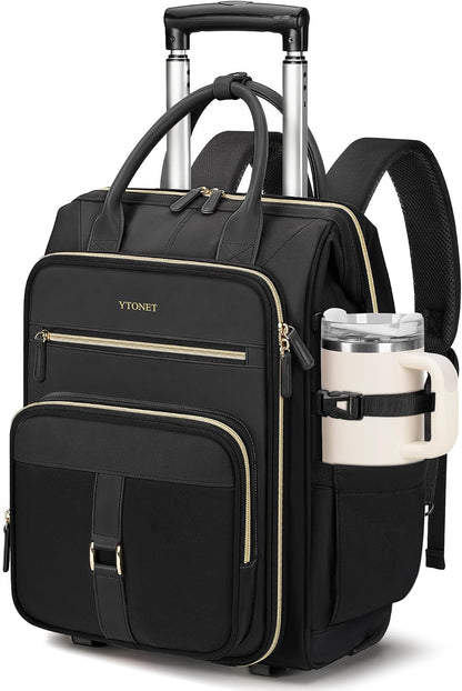 Rolling Backpack for Women, 15.6 Inch Travel Backpack with Wheels, Stylish Rolling Laptop Bag with Passport Holder, Dual-Opening Design, Underseat Carry on Luggage for Work Teacher,Black