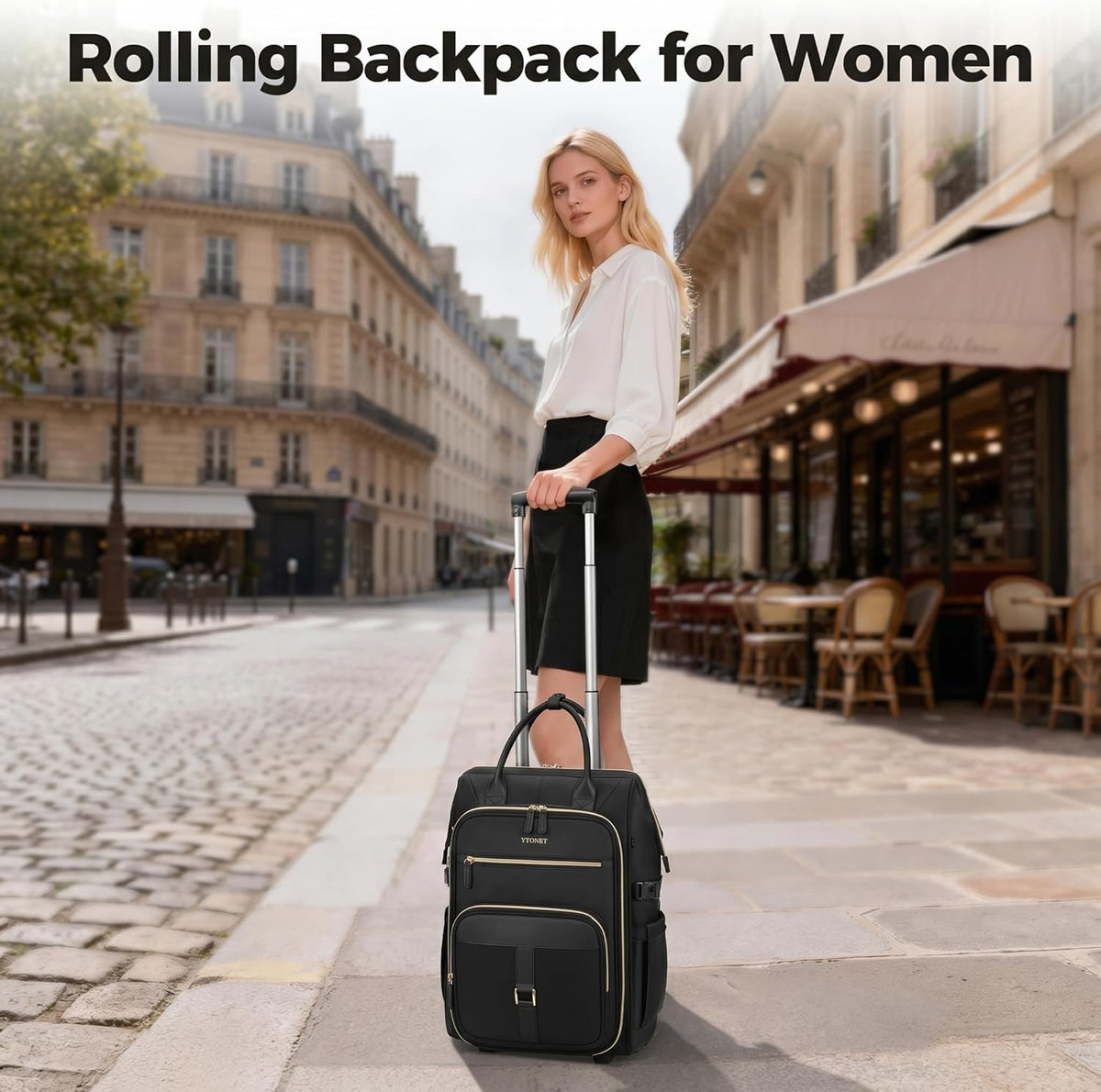 Rolling Backpack for Women, 15.6 Inch Travel Backpack with Wheels, Stylish Rolling Laptop Bag with Passport Holder, Dual-Opening Design, Underseat Carry on Luggage for Work Teacher,Black