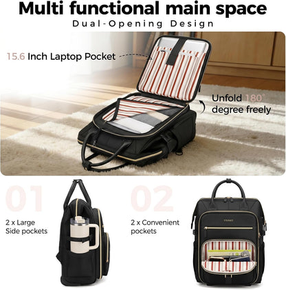 Rolling Backpack for Women, 15.6 Inch Travel Backpack with Wheels, Stylish Rolling Laptop Bag with Passport Holder, Dual-Opening Design, Underseat Carry on Luggage for Work Teacher,Black