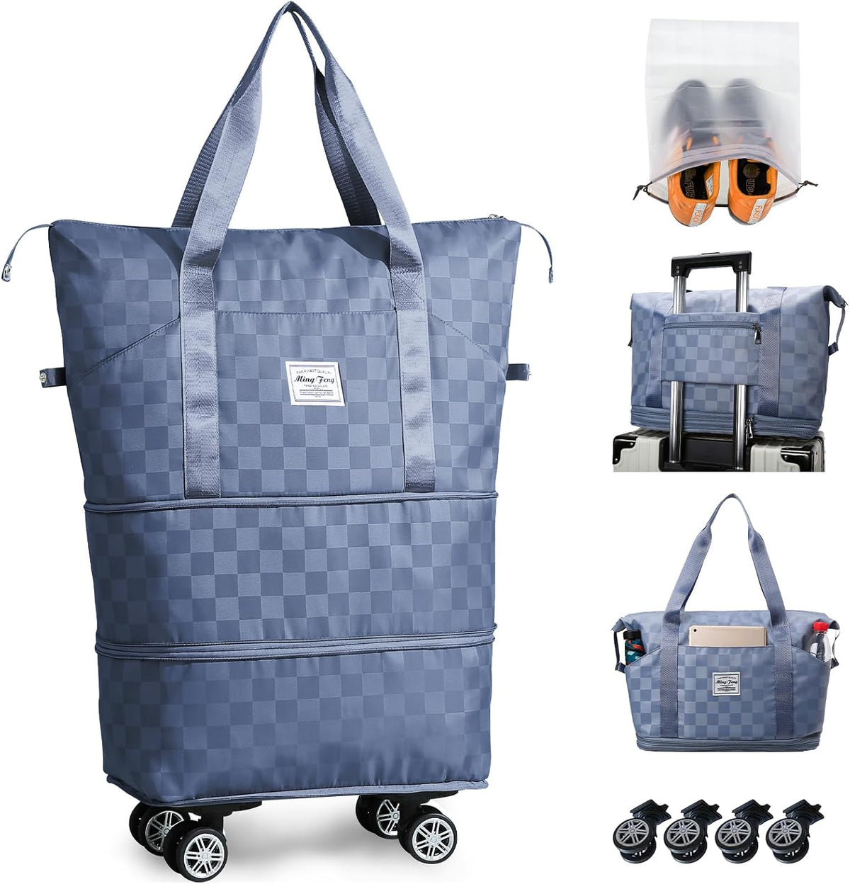 Rolling Duffle Bag with Wheels and Shoe Bag Expandable Foldable Travel Duffel Bag Carry on Luggage Bag Checkerboard Weekender Bag for Men Women