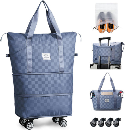 Rolling Duffle Bag with Wheels and Shoe Bag Expandable Foldable Travel Duffel Bag Carry on Luggage Bag Checkerboard Weekender Bag for Men Women