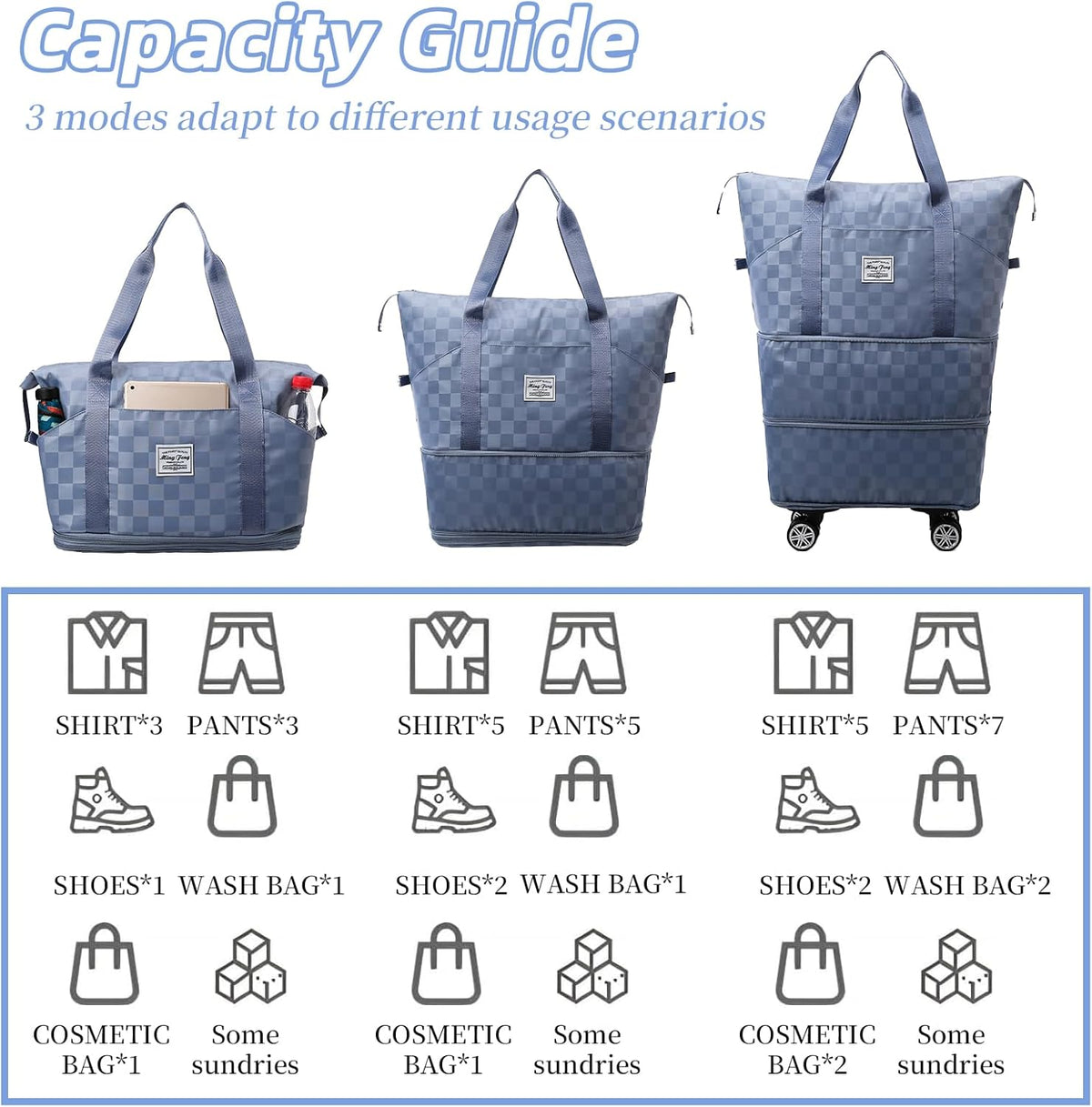 Rolling Duffle Bag with Wheels and Shoe Bag Expandable Foldable Travel Duffel Bag Carry on Luggage Bag Checkerboard Weekender Bag for Men Women