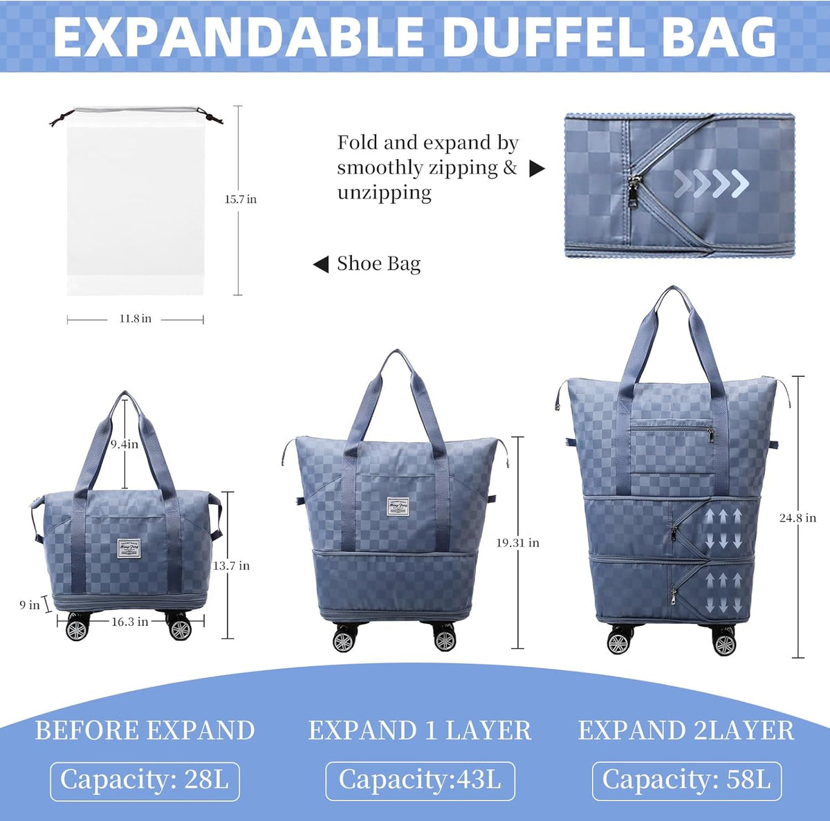 Rolling Duffle Bag with Wheels and Shoe Bag Expandable Foldable Travel Duffel Bag Carry on Luggage Bag Checkerboard Weekender Bag for Men Women