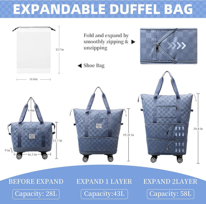 Rolling Duffle Bag with Wheels and Shoe Bag Expandable Foldable Travel Duffel Bag Carry on Luggage Bag Checkerboard Weekender Bag for Men Women