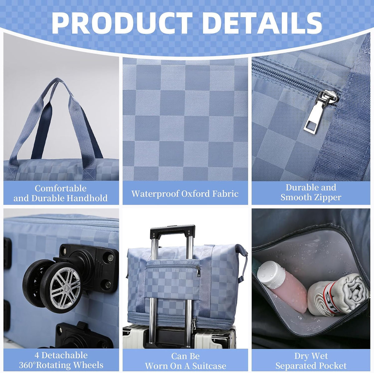 Rolling Duffle Bag with Wheels and Shoe Bag Expandable Foldable Travel Duffel Bag Carry on Luggage Bag Checkerboard Weekender Bag for Men Women