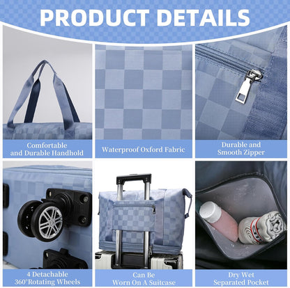 Rolling Duffle Bag with Wheels and Shoe Bag Expandable Foldable Travel Duffel Bag Carry on Luggage Bag Checkerboard Weekender Bag for Men Women