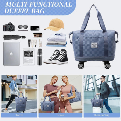 Rolling Duffle Bag with Wheels and Shoe Bag Expandable Foldable Travel Duffel Bag Carry on Luggage Bag Checkerboard Weekender Bag for Men Women