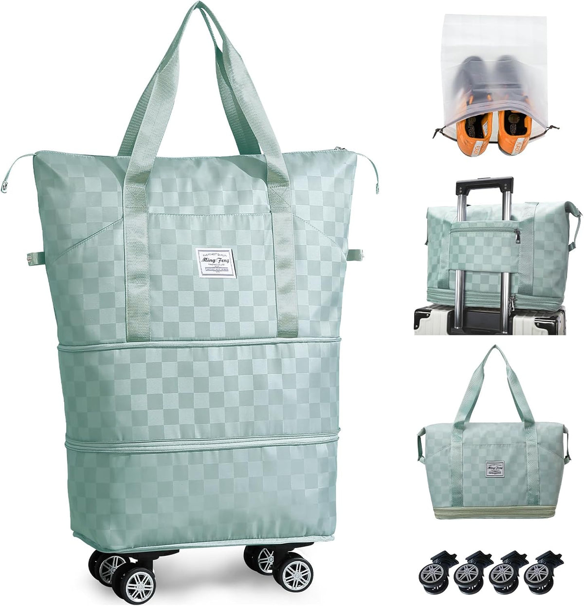 Rolling Duffle Bag with Wheels and Shoe Bag Expandable Foldable Travel Duffel Bag Carry on Luggage Bag Checkerboard Weekender Bag for Men Women