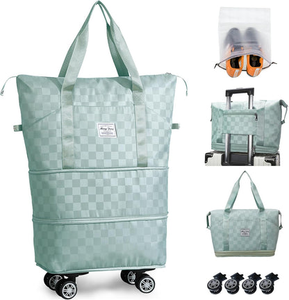 Rolling Duffle Bag with Wheels and Shoe Bag Expandable Foldable Travel Duffel Bag Carry on Luggage Bag Checkerboard Weekender Bag for Men Women