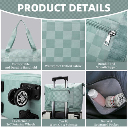 Rolling Duffle Bag with Wheels and Shoe Bag Expandable Foldable Travel Duffel Bag Carry on Luggage Bag Checkerboard Weekender Bag for Men Women
