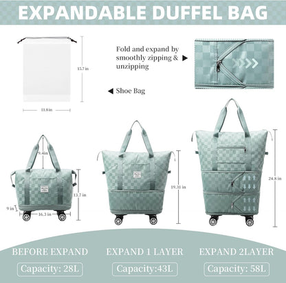 Rolling Duffle Bag with Wheels and Shoe Bag Expandable Foldable Travel Duffel Bag Carry on Luggage Bag Checkerboard Weekender Bag for Men Women