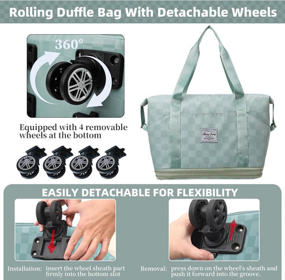 Rolling Duffle Bag with Wheels and Shoe Bag Expandable Foldable Travel Duffel Bag Carry on Luggage Bag Checkerboard Weekender Bag for Men Women