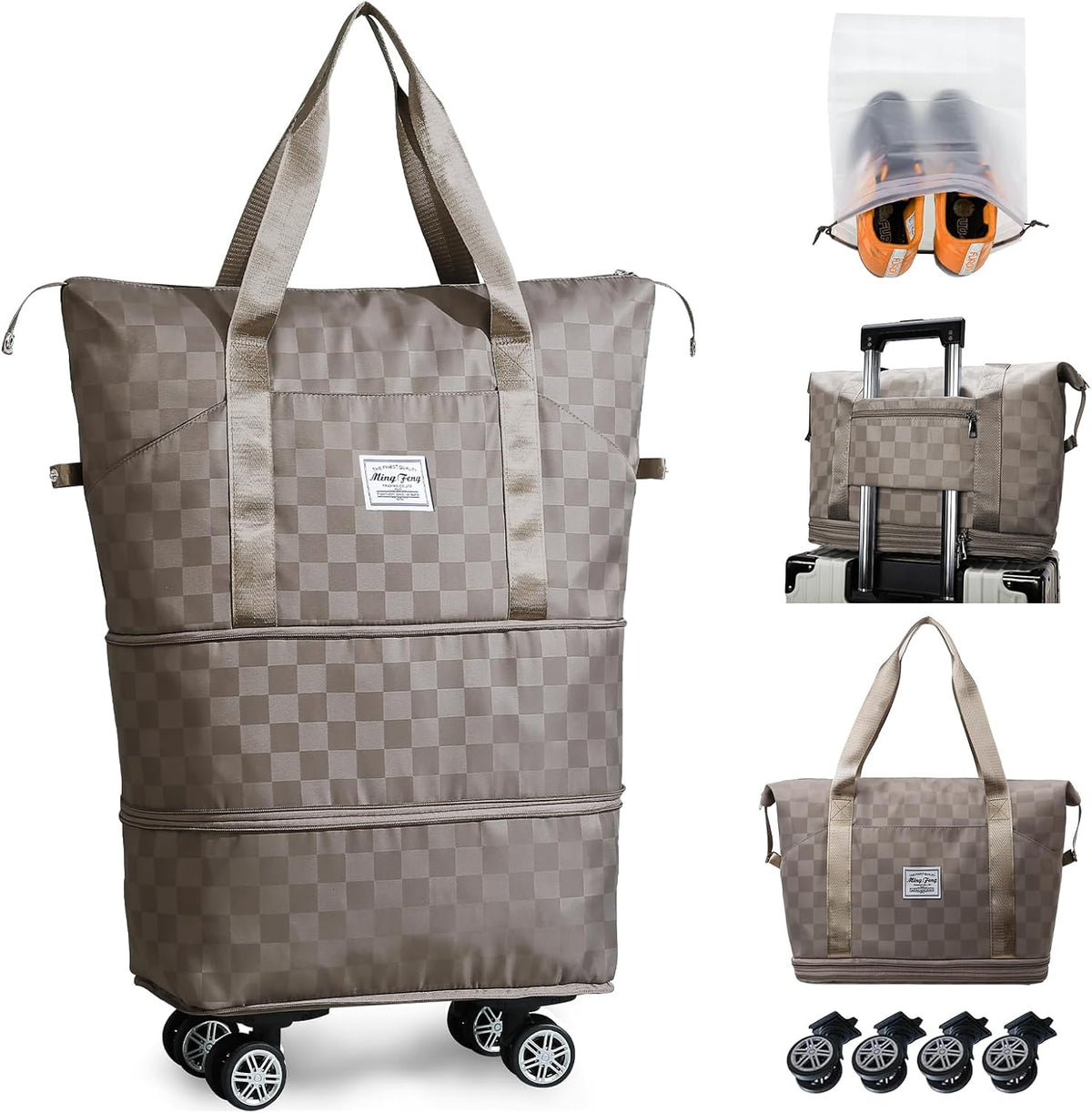 Rolling Duffle Bag with Wheels and Shoe Bag Expandable Foldable Travel Duffel Bag Carry on Luggage Bag Checkerboard Weekender Bag for Men Women