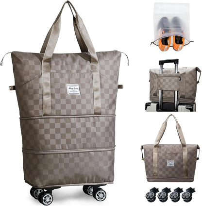 Rolling Duffle Bag with Wheels and Shoe Bag Expandable Foldable Travel Duffel Bag Carry on Luggage Bag Checkerboard Weekender Bag for Men Women