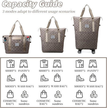Rolling Duffle Bag with Wheels and Shoe Bag Expandable Foldable Travel Duffel Bag Carry on Luggage Bag Checkerboard Weekender Bag for Men Women