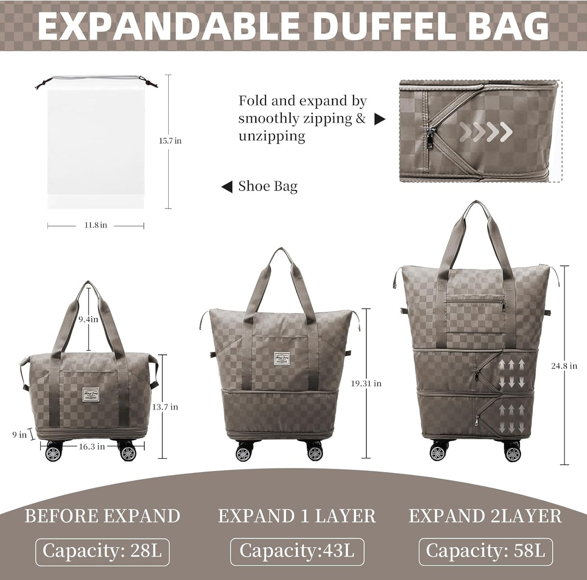 Rolling Duffle Bag with Wheels and Shoe Bag Expandable Foldable Travel Duffel Bag Carry on Luggage Bag Checkerboard Weekender Bag for Men Women