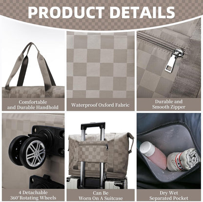 Rolling Duffle Bag with Wheels and Shoe Bag Expandable Foldable Travel Duffel Bag Carry on Luggage Bag Checkerboard Weekender Bag for Men Women