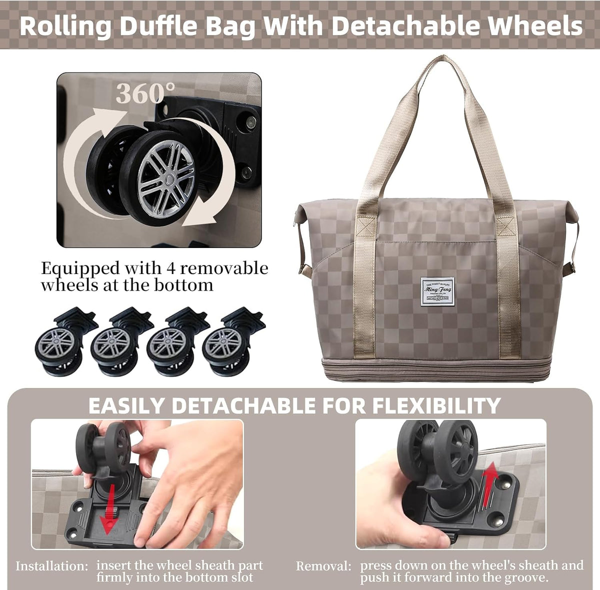 Rolling Duffle Bag with Wheels and Shoe Bag Expandable Foldable Travel Duffel Bag Carry on Luggage Bag Checkerboard Weekender Bag for Men Women