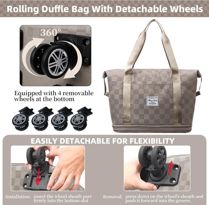 Rolling Duffle Bag with Wheels and Shoe Bag Expandable Foldable Travel Duffel Bag Carry on Luggage Bag Checkerboard Weekender Bag for Men Women