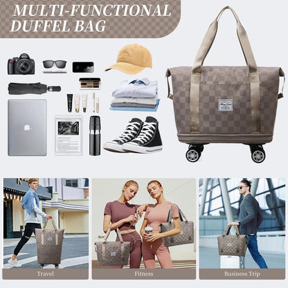 Rolling Duffle Bag with Wheels and Shoe Bag Expandable Foldable Travel Duffel Bag Carry on Luggage Bag Checkerboard Weekender Bag for Men Women