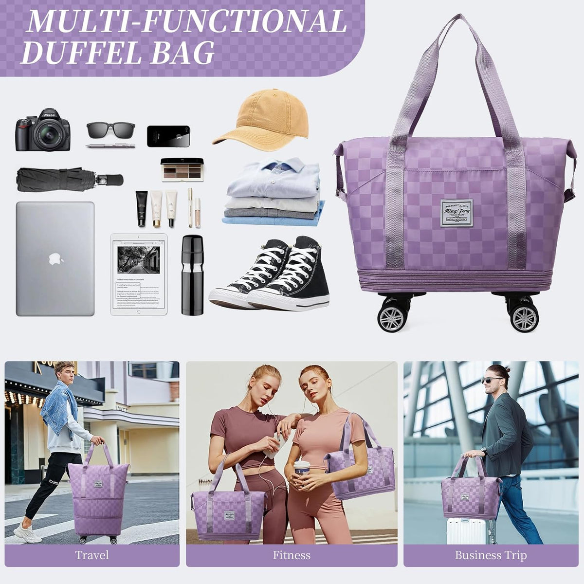 Rolling Duffle Bag with Wheels and Shoe Bag Expandable Foldable Travel Duffel Bag Carry on Luggage Bag Checkerboard Weekender Bag for Men Women