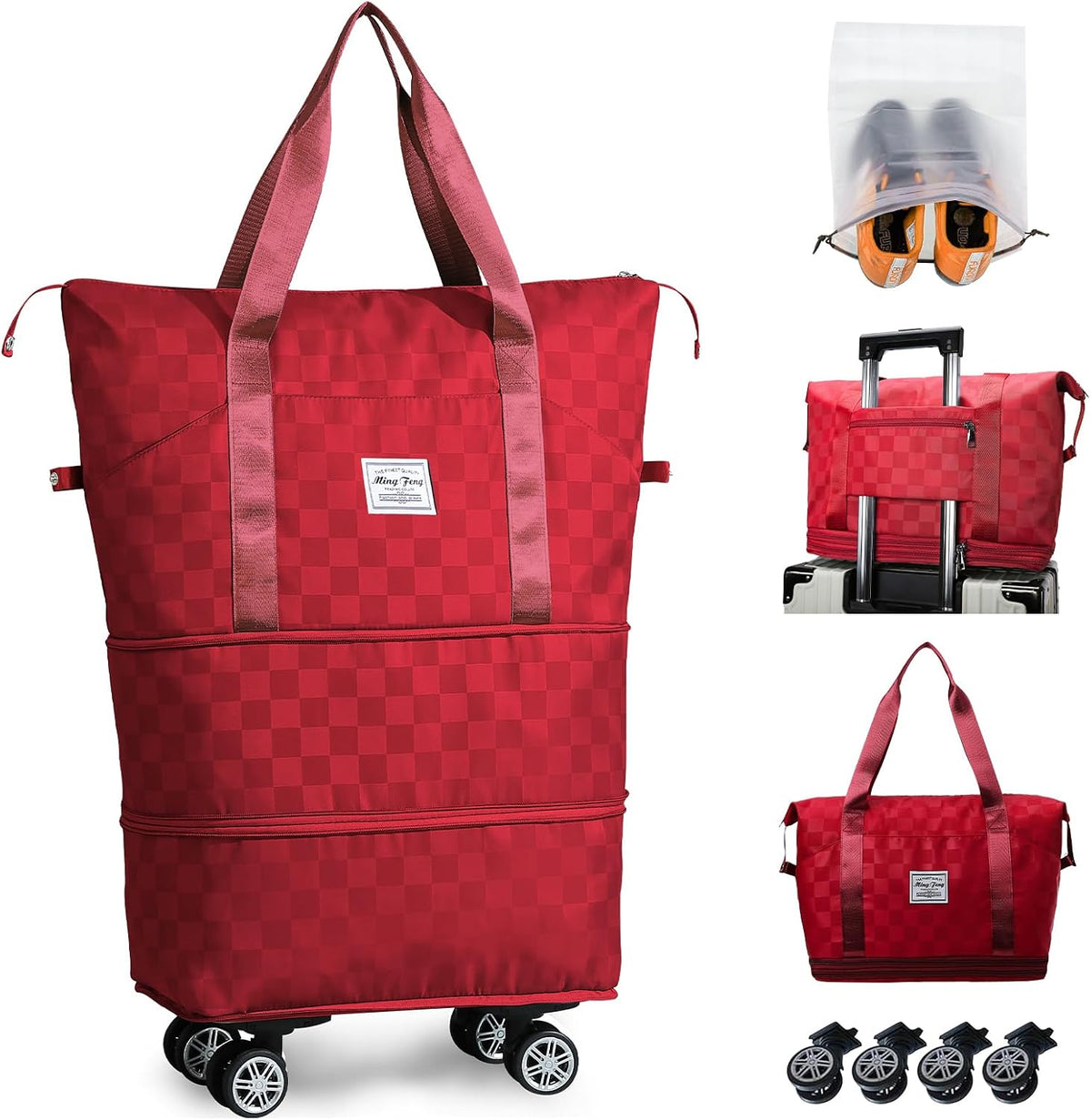 Rolling Duffle Bag with Wheels and Shoe Bag Expandable Foldable Travel Duffel Bag Carry on Luggage Bag Checkerboard Weekender Bag for Men Women