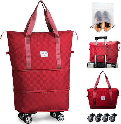 Rolling Duffle Bag with Wheels and Shoe Bag Expandable Foldable Travel Duffel Bag Carry on Luggage Bag Checkerboard Weekender Bag for Men Women