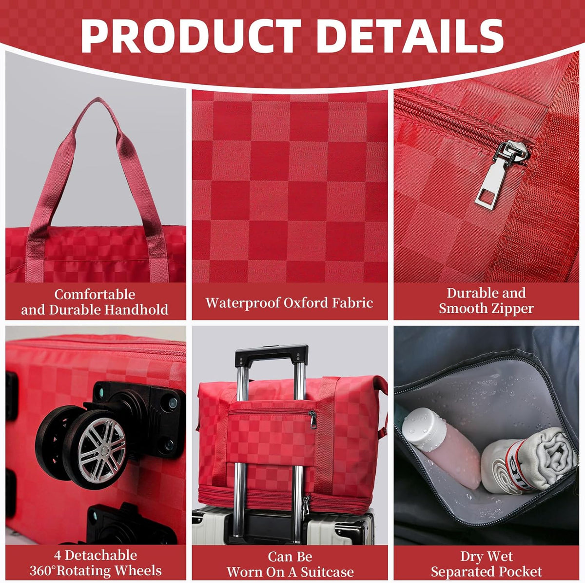 Rolling Duffle Bag with Wheels and Shoe Bag Expandable Foldable Travel Duffel Bag Carry on Luggage Bag Checkerboard Weekender Bag for Men Women